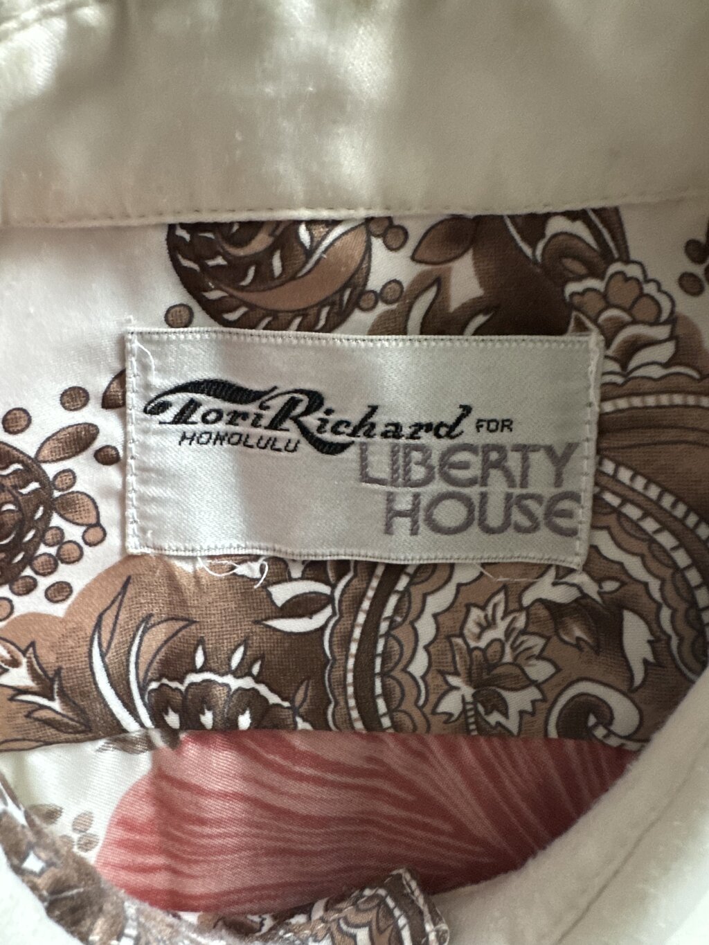 70s Tori Richard Reefscape Shirt – Brown & Teal Poly Cotton (L)