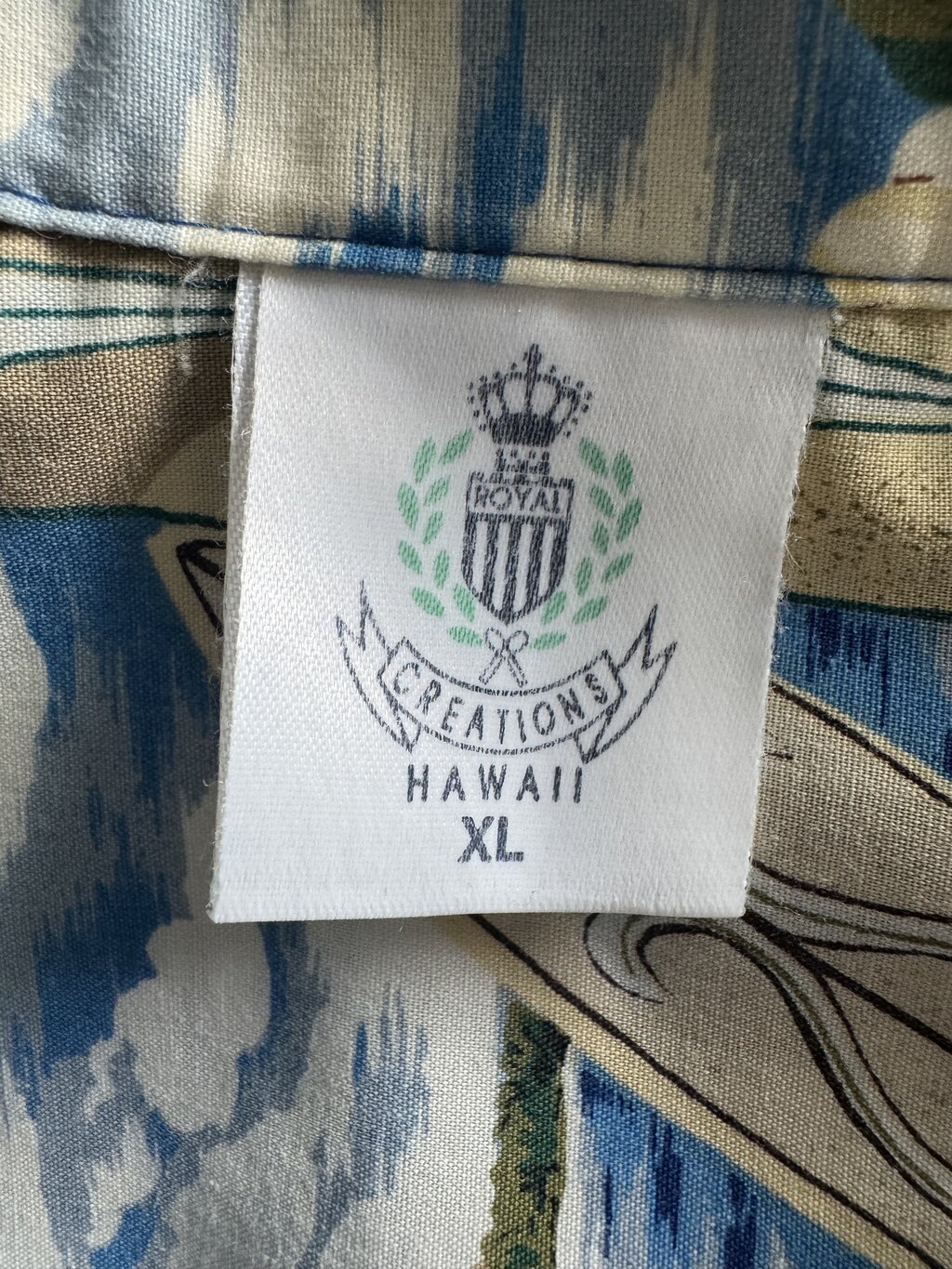 Late 70s Royal Creations Scenic Shirt – Navy Cotton Blend with Canoes & Palm Trees (L)