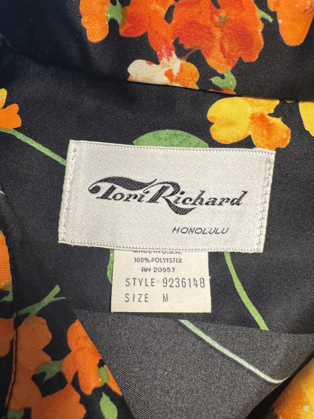 1970s Tori Richard Floral Satin Shirt – Black with Orange Blossom Explosion (M)