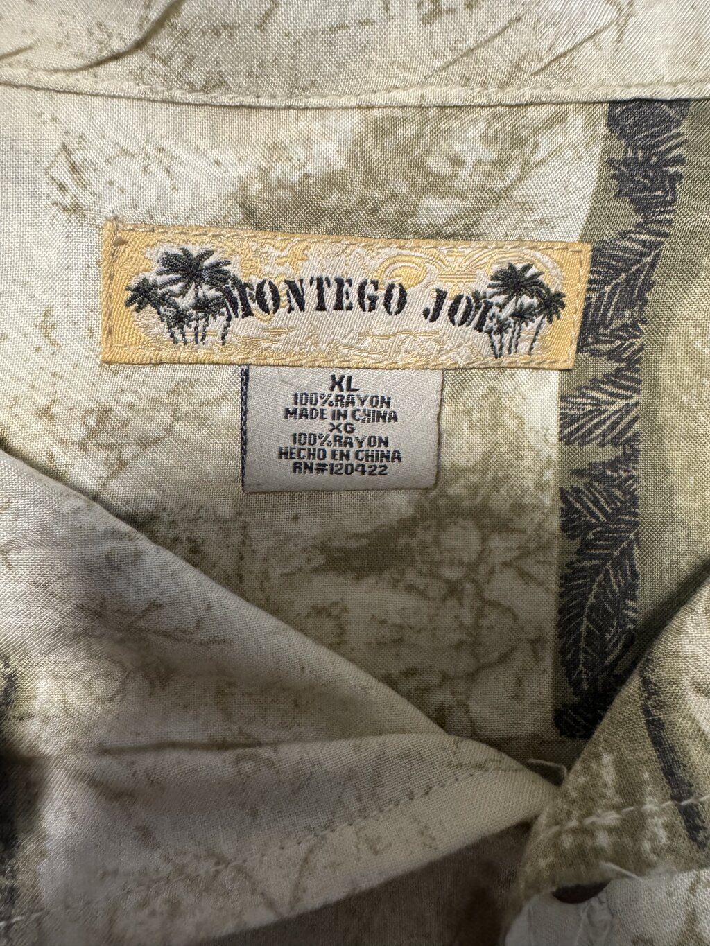 1990s Montego Joe Palm Tree Block Print Shirt – Beige/Olive (XL)