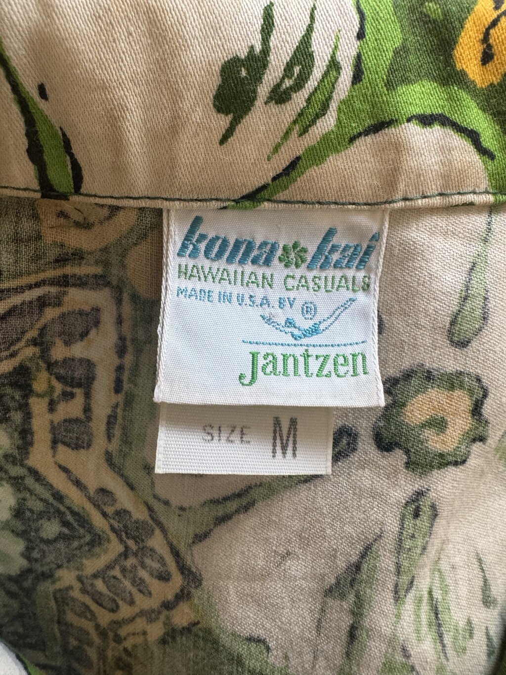 1960s Kona Kai Floral Geometric Shirt – Green, Yellow & White Cotton (M)