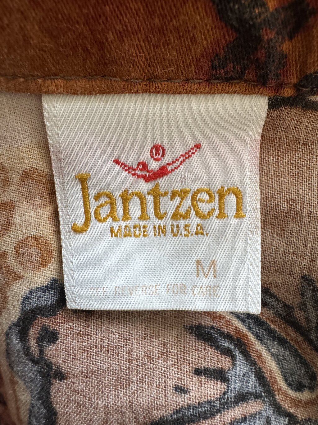 1960s Jantzen Earth-Tone Hibiscus Shirt – Made in USA Cotton (M)