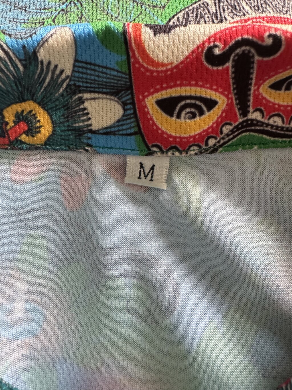 1980s LILIKO'I KEPOLO Tiki Mask & Passionflower Shirt – Blue & Green Poly Knit (M)