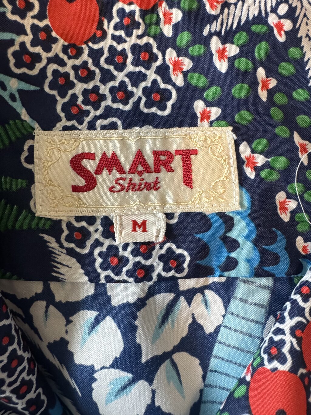1970s Smart Tropical Grove Shirt – Navy, Leaf & Cherry Blossom Rayon Blend (M)