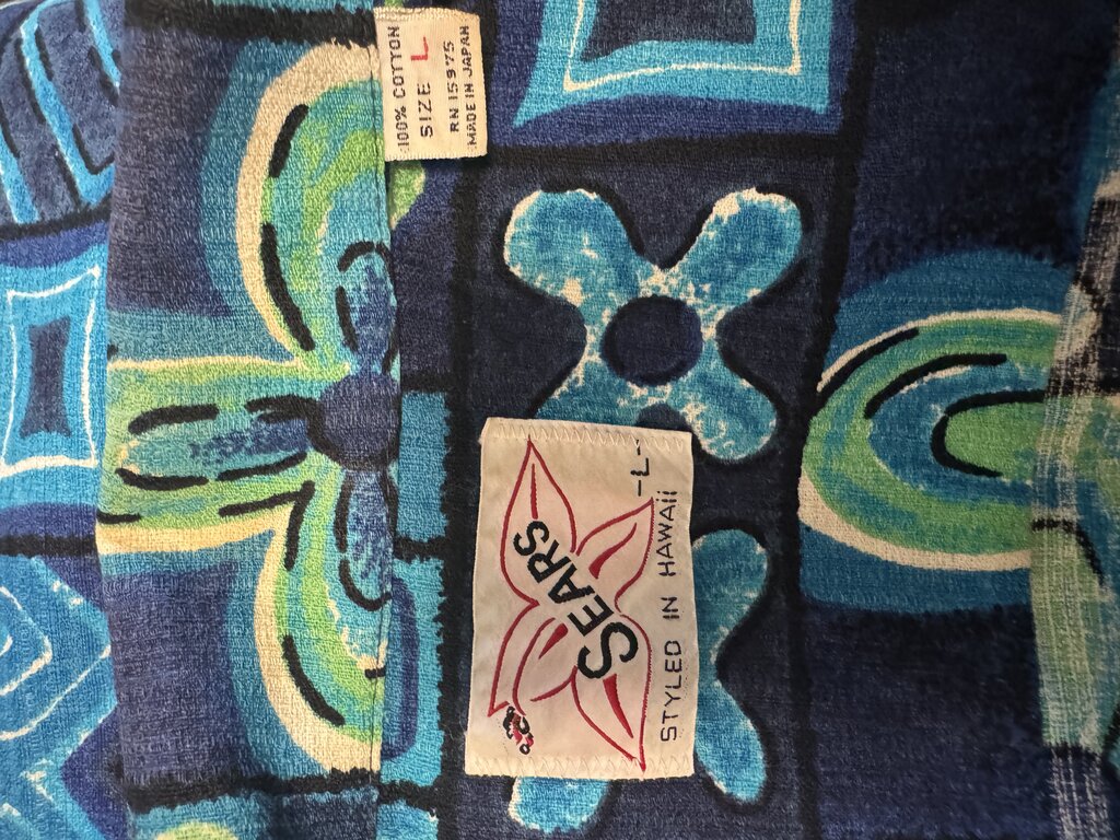1970s Sears Abstract Tapa Shirt – Navy, Teal & Lime Poly Cotton (M)
