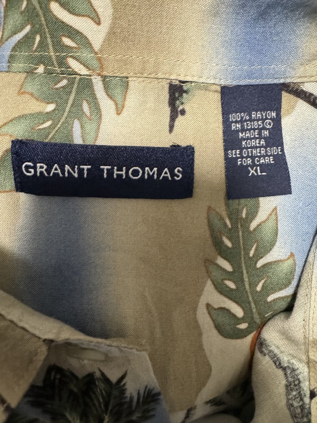 1990s Grant Thomas Palm Tree & Hibiscus Landscape Shirt – Beige/Blue/Green/Orange (XL)