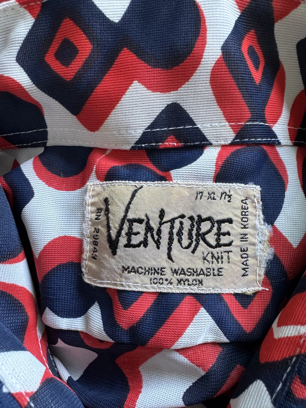 1970s - Vintage Venture Knit “Red Diamond Maze” Nylon Shirt – Made in Korea