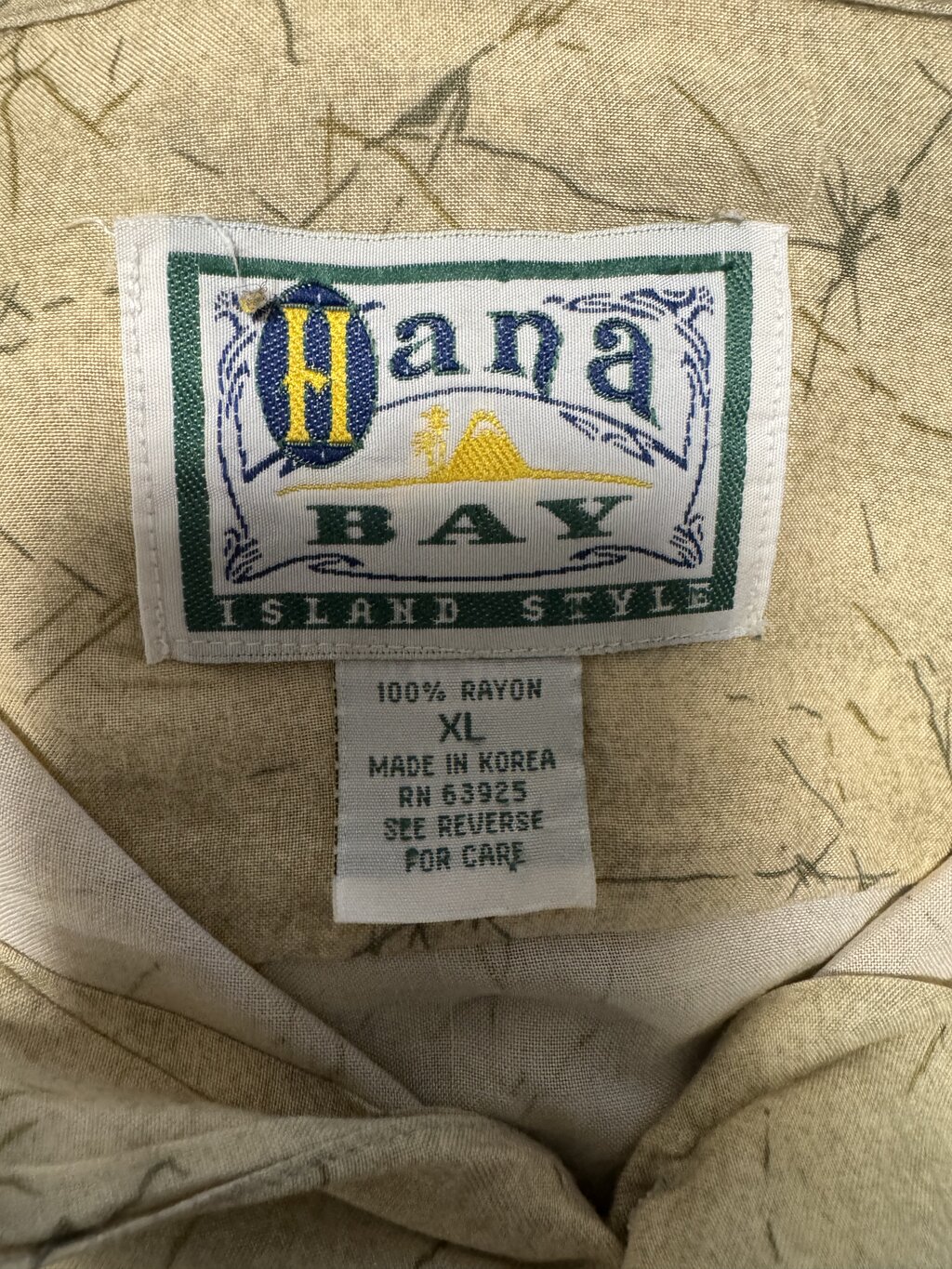 1990s Hana Bay Palm & Floral Border Shirt – Beige, Blue, Green, Yellow (XL)