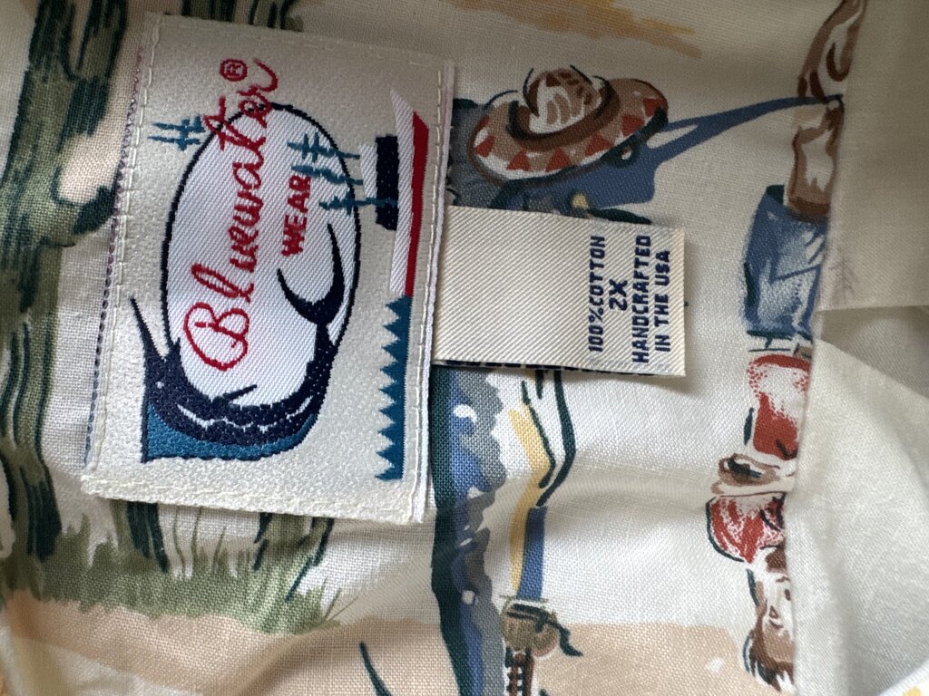 1990s - Bluewater USA 2XL Fishing Scene Shirt – Marlin, Cactus & Coastal Cliff Print (Thick Cotton)