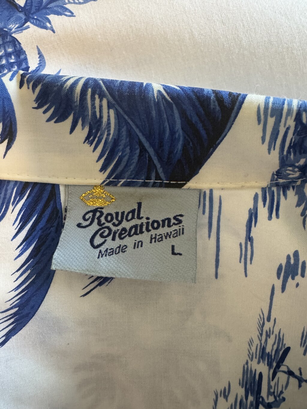 1970s - 1980s - Royal Creations Scenic Blue & White Aloha Shirt with Ukulele Player and Canoe Motif – L