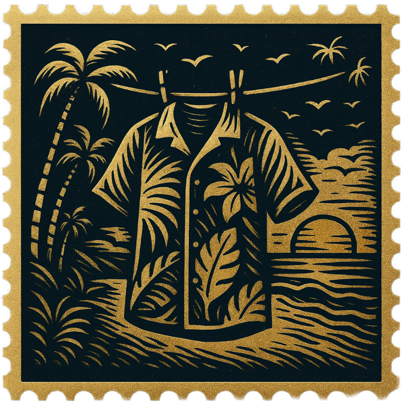 Hawaiian shirt with tropical print hanging on a clothesline at sunset, in gold linocut style with palm trees and ocean.