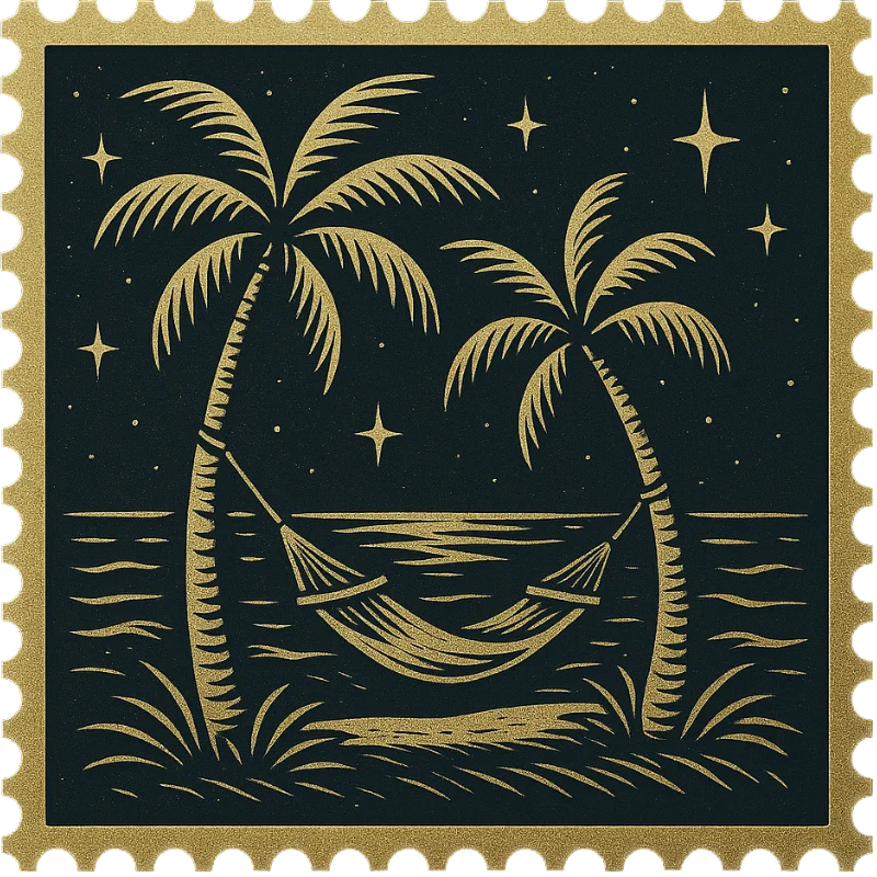 A golden vintage Hawaiian stamp featuring a shoreline umbrella and towel — representing a collection of vintage Hawaiian shirts with hammocks, loungers, and beachgoers.