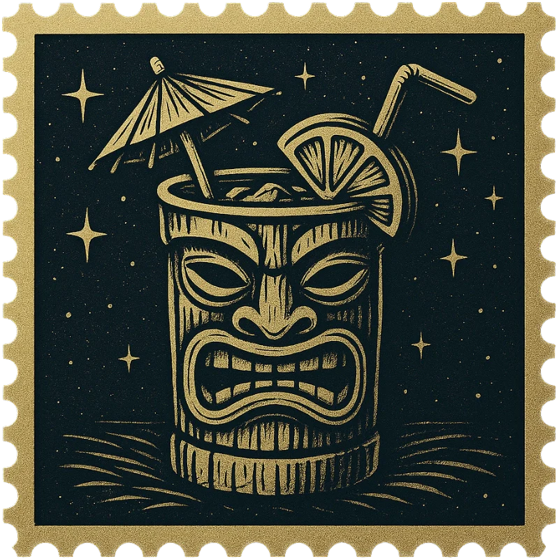 A golden vintage Hawaiian stamp featuring a tiki cocktail - representing a collection of vintage Hawaiian shirts with mai tais, coconuts, and tropical drink motifs.