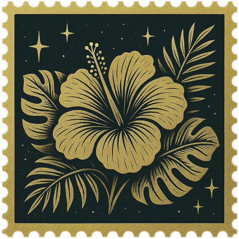 A golden vintage Hawaiian stamp featuring a hibiscus flower - representing a collection of vintage Hawaiian shirts with plumeria, orchids, and lush tropical blooms.