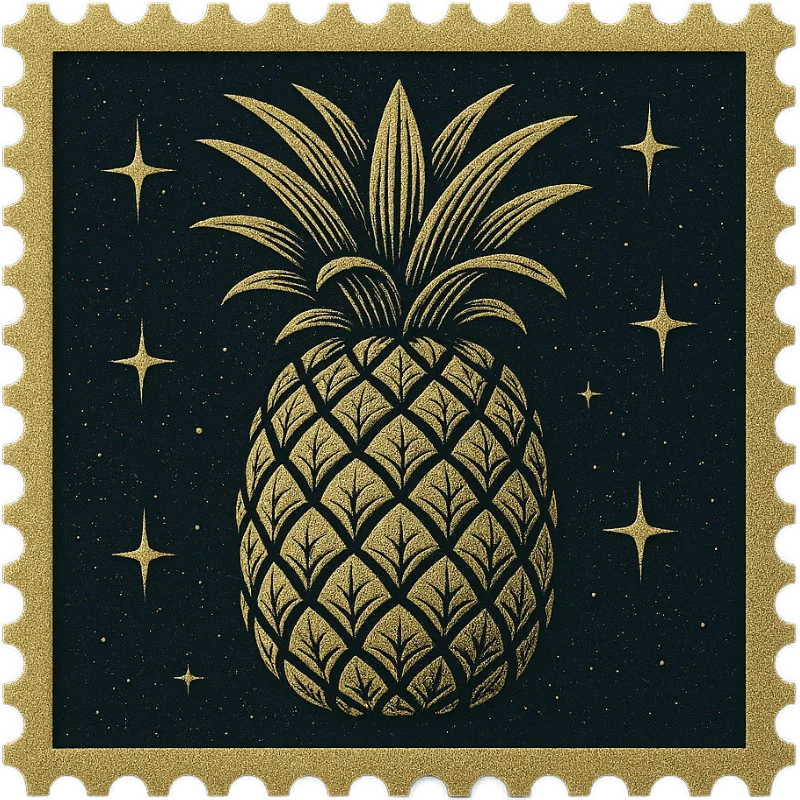A golden vintage Hawaiian stamp featuring a pineapple - representing a collection of vintage Hawaiian shirts with bananas, papayas, and tropical fruit prints.