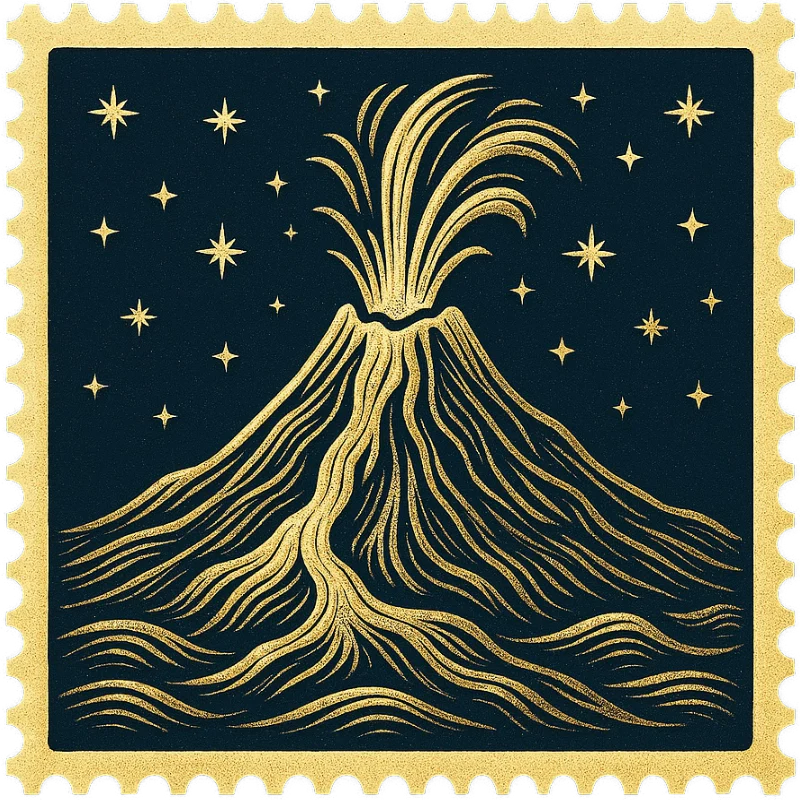 A golden vintage Hawaiian stamp featuring a volcanic peak with palms - representing a collection of vintage Hawaiian shirts with scenic views, sunsets, and island terrain.