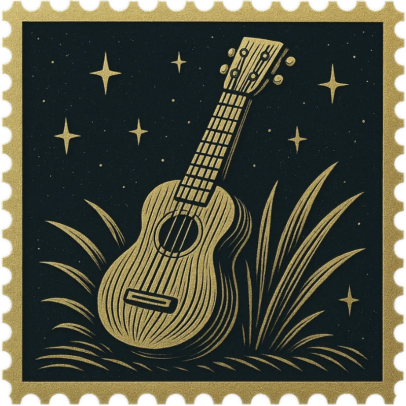 A golden vintage Hawaiian stamp featuring a ukulele - representing a collection of vintage Hawaiian shirts with drums, guitars, and musical themes.