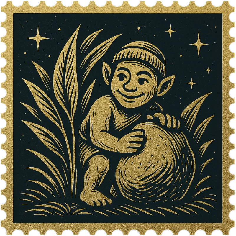 A golden vintage Hawaiian stamp featuring a sea dragon - representing a collection of vintage Hawaiian shirts with mermaids, island spirits, and folklore creatures.