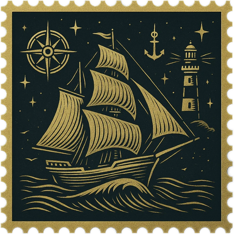 A golden vintage Hawaiian stamp featuring a sailboat - representing a collection of vintage Hawaiian shirts with waves, ships, and nautical elements.