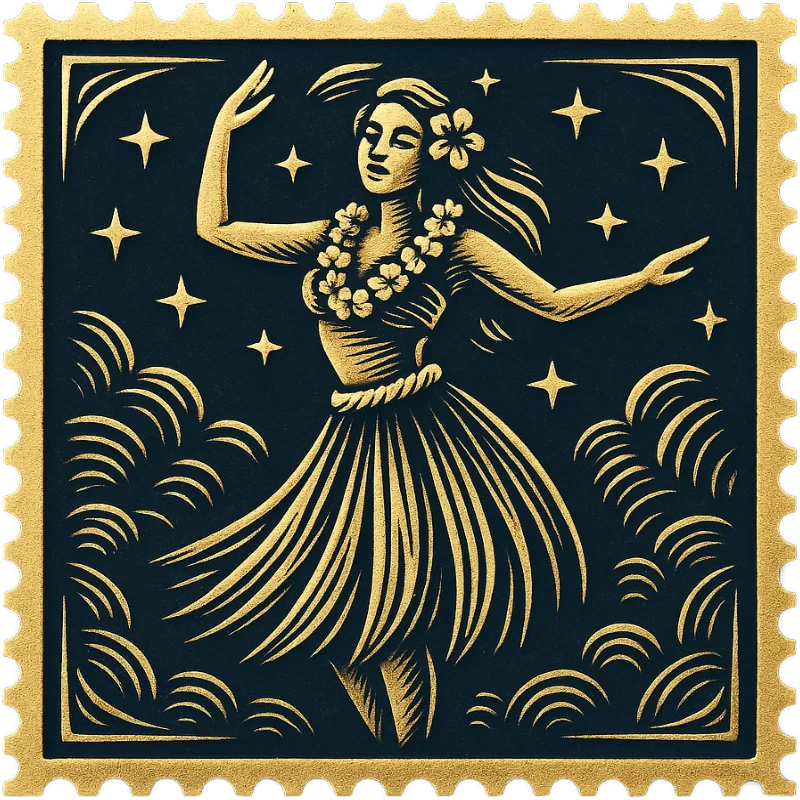 A golden vintage Hawaiian stamp featuring a local fisherman in a canoe - representing a collection of vintage Hawaiian shirts with dancers, musicians, and island life.