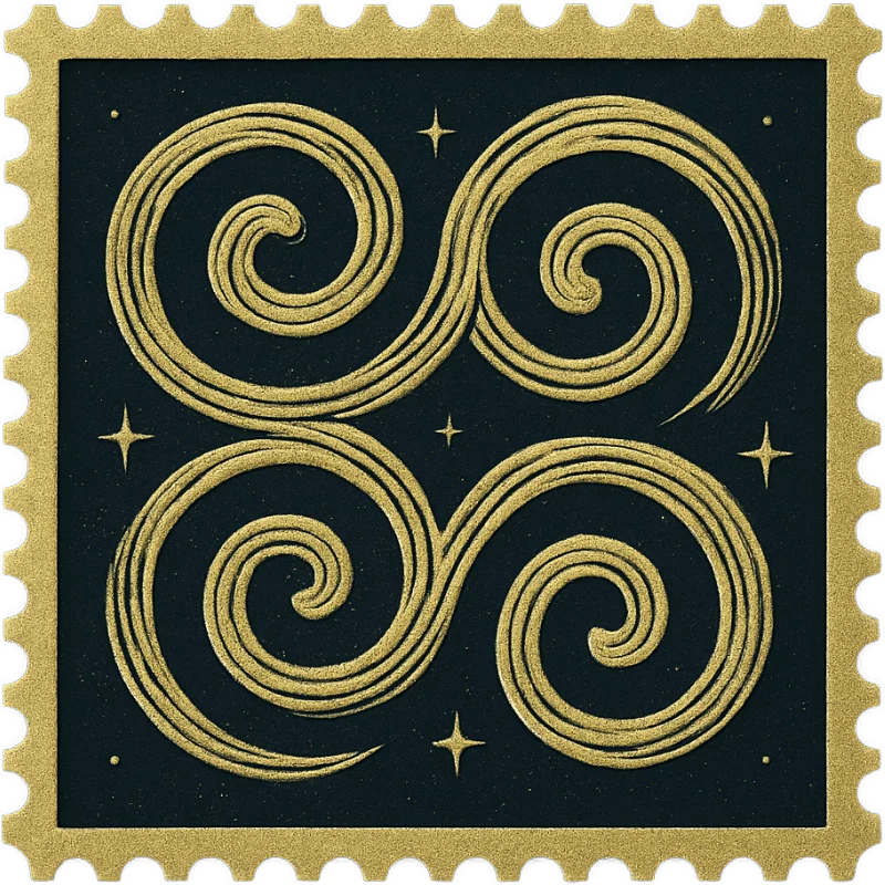 A golden vintage Hawaiian stamp featuring a tribal motif - representing a collection of vintage Hawaiian shirts with tapa, geometric designs, and Polynesian patterns.