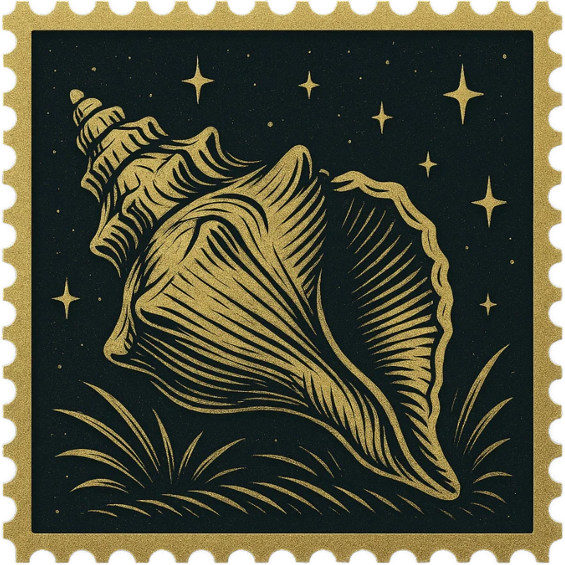 A golden vintage Hawaiian stamp featuring a starfish - representing a collection of vintage Hawaiian shirts with seashells, fish, and ocean creatures.