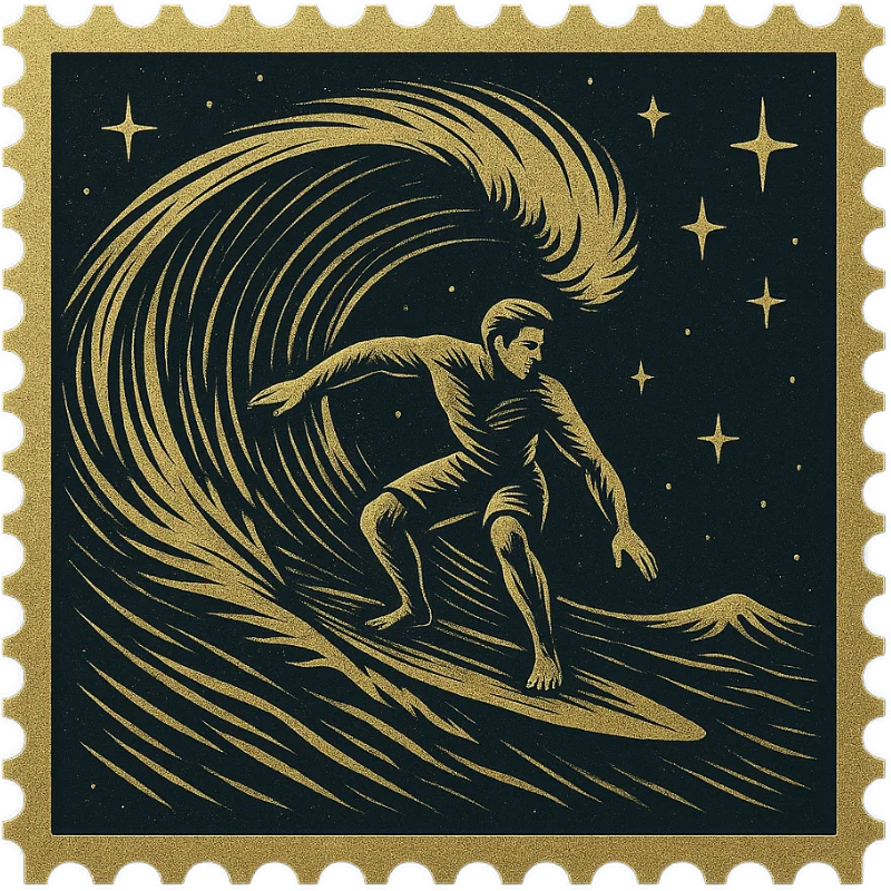 A golden vintage Hawaiian stamp featuring a surfer riding a wave - representing a collection of vintage Hawaiian shirts with surfboards, waves, and beach scenes.