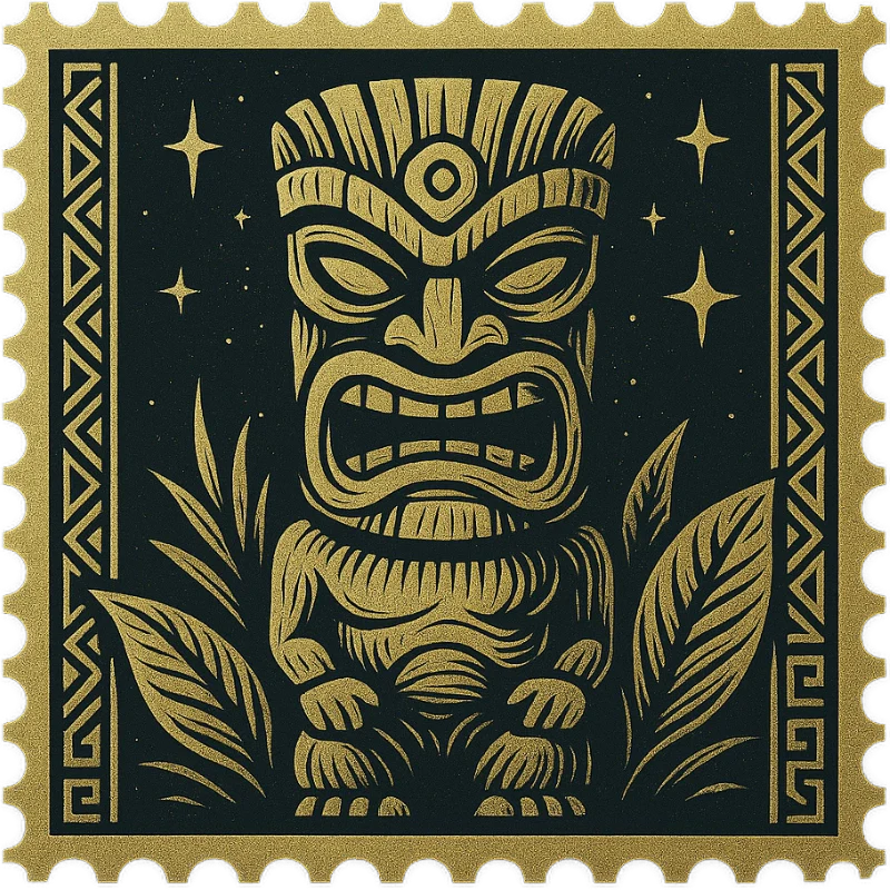 A golden vintage Hawaiian stamp featuring a tiki mask - representing a collection of vintage Hawaiian shirts with torches, carvings, and Polynesian iconography.