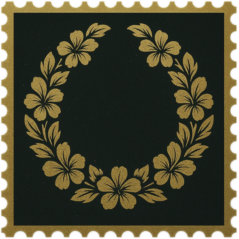 Gold foil vintage-style stamp with a Hawaiian flower lei design on black background, symbolizing the Under $100 vintage shirt collection