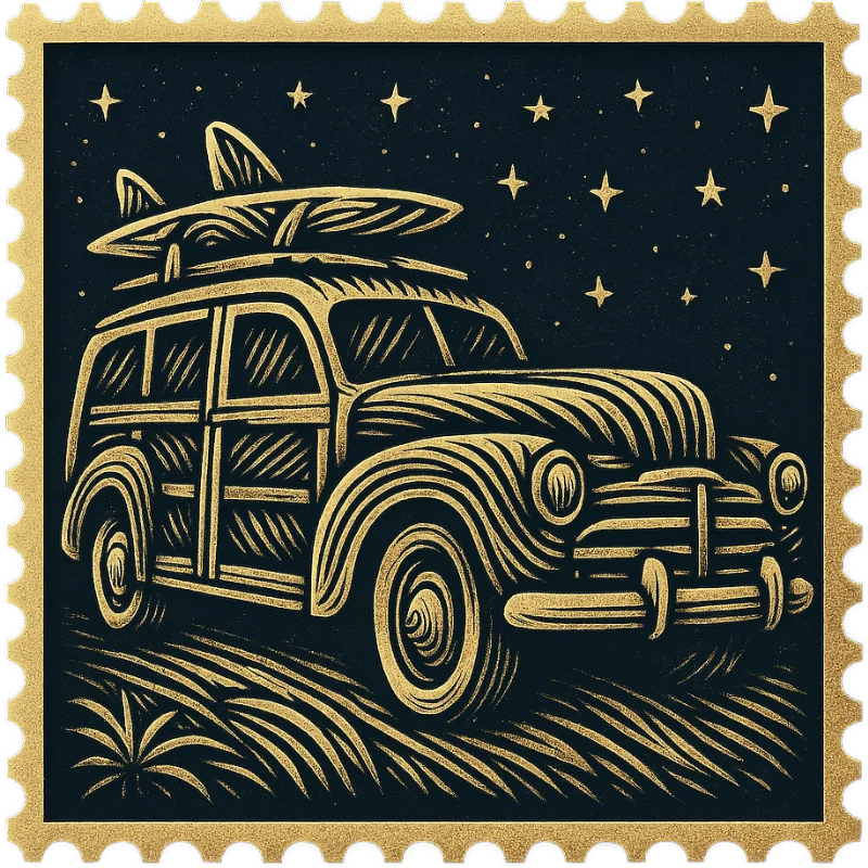 A golden vintage Hawaiian stamp featuring a retro car - representing a collection of vintage Hawaiian shirts with classic cars, boats, and motorcycles.