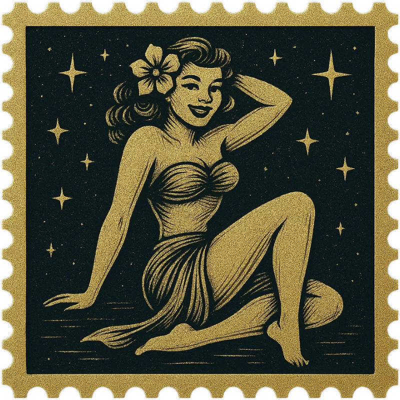 A golden vintage Hawaiian stamp featuring a 1950s pin-up girl - representing a collection of vintage Hawaiian shirts with retro glamour and island charm.