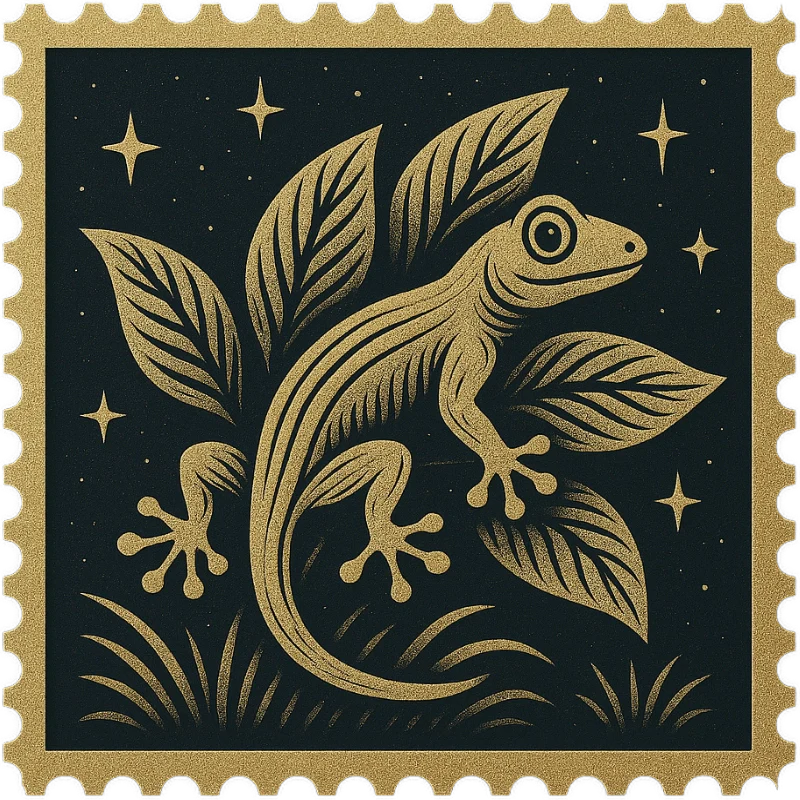 A golden vintage Hawaiian stamp featuring a tropical bird - representing a collection of vintage Hawaiian shirts with geckos, parrots, and exotic island wildlife.
