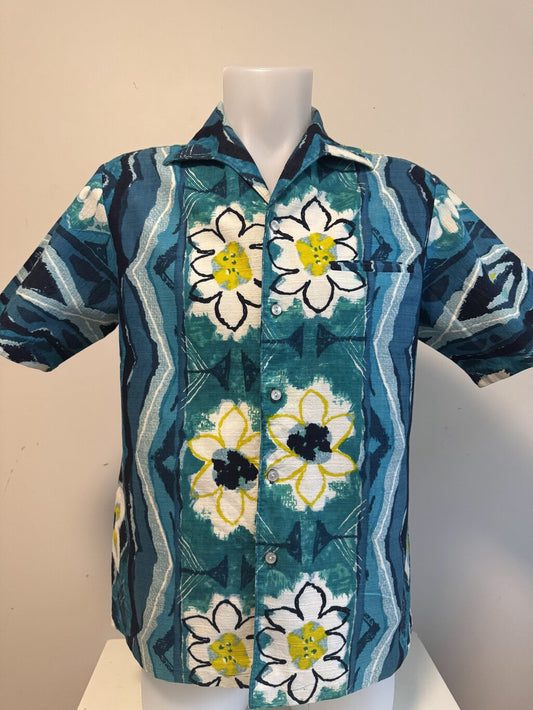 1960s Iolani Barkcloth Shirt – Atomic Floral & Tribal Panel Print (M)