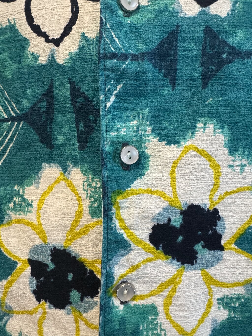 1960s Iolani Barkcloth Shirt – Atomic Floral & Tribal Panel Print (M)