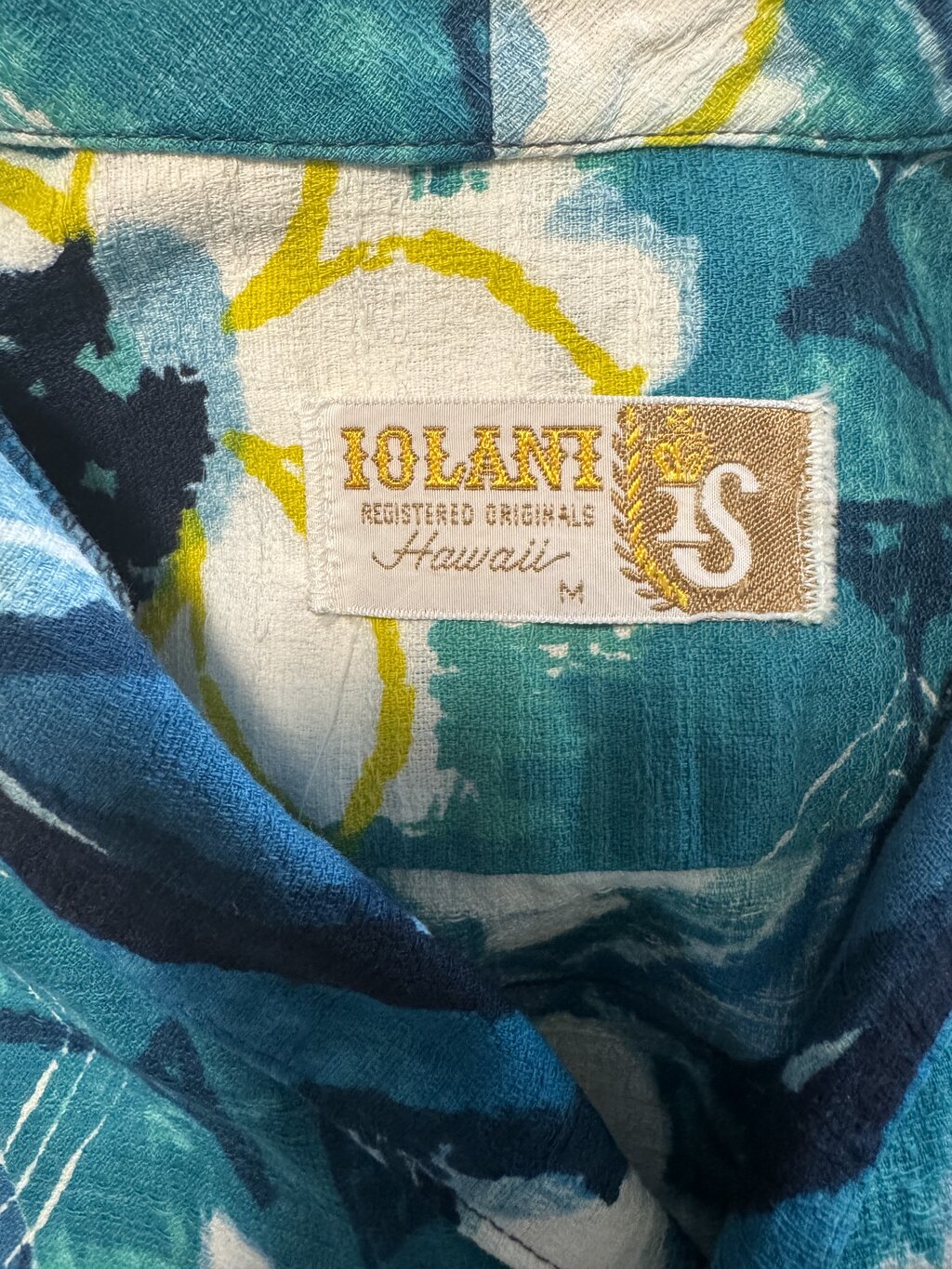 1960s Iolani Barkcloth Shirt – Atomic Floral & Tribal Panel Print (M)