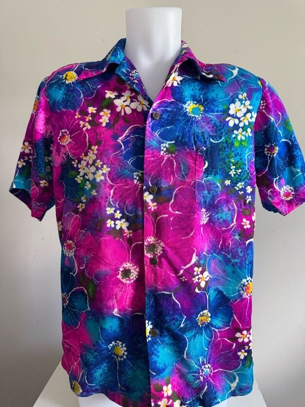 Island Togs 60s-70s Barkcloth Aloha Shirt – Magenta Bloom Explosion, Made in USA