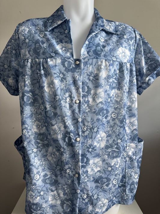 1990s Haband Tropical Leaf Print Aloha Shirt – Blue & Sage Rayon Blend (L)