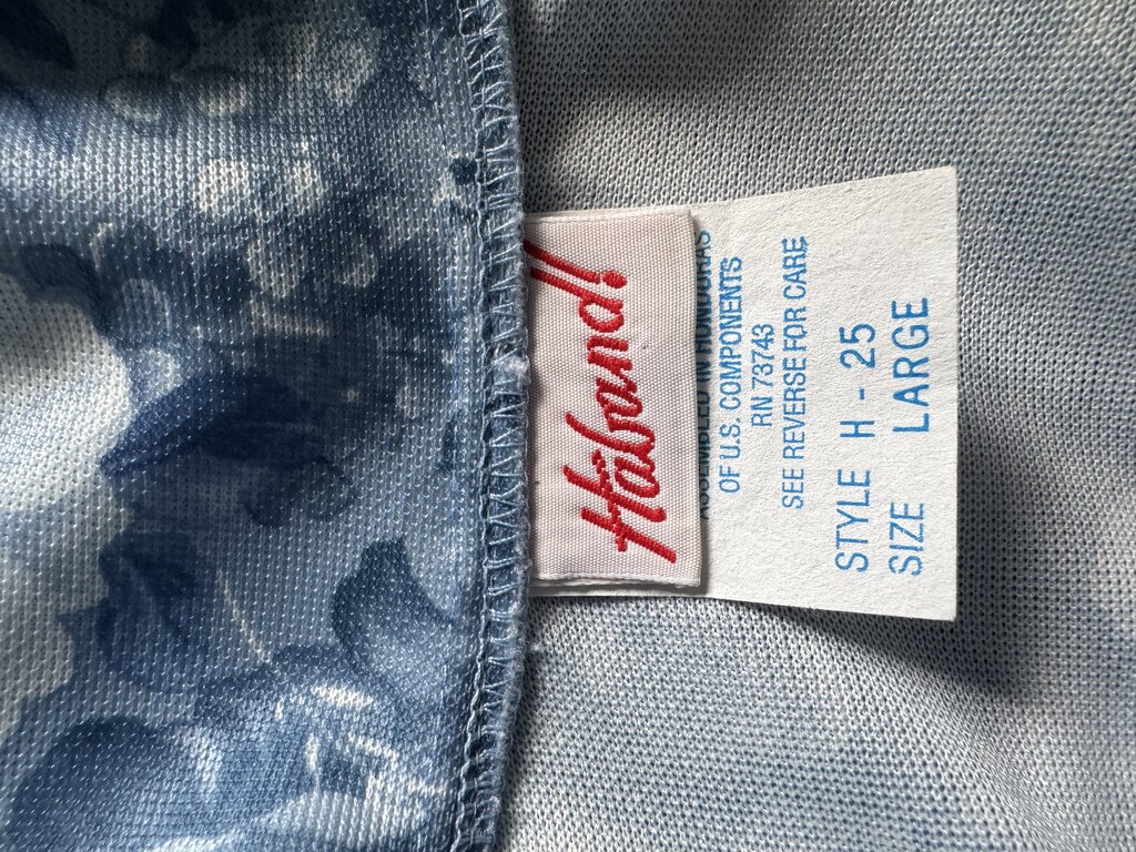 1990s Haband Tropical Leaf Print Aloha Shirt – Blue & Sage Rayon Blend (L)