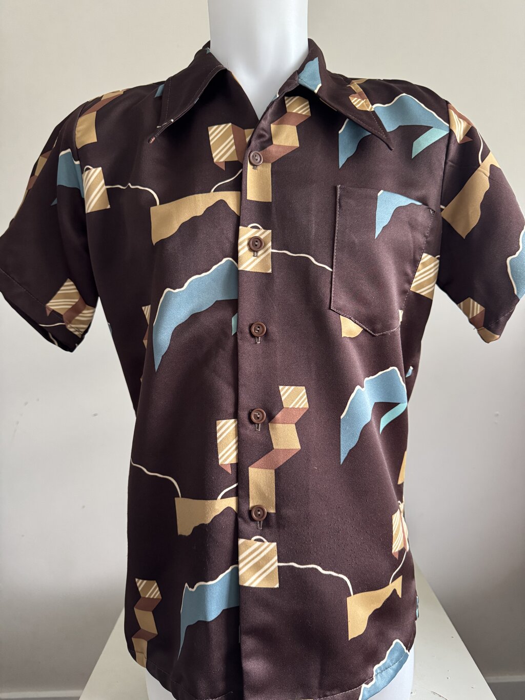 70s Paul Howard Abstract Geometric Hawaiian Shirt – Chocolate Satin with Blue & Gold (M)