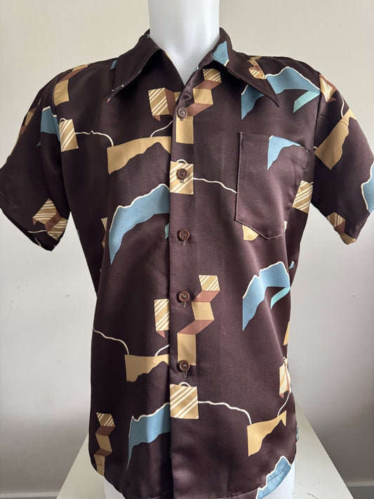 70s Paul Howard Abstract Geometric Hawaiian Shirt – Chocolate Satin with Blue & Gold (M)