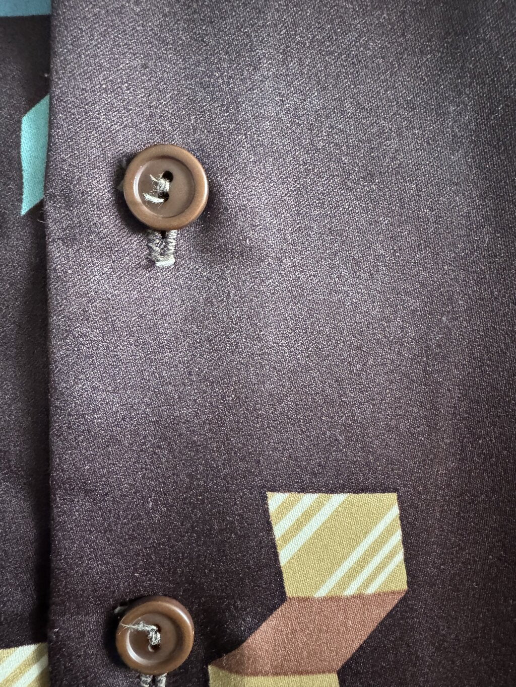 70s Paul Howard Abstract Geometric Hawaiian Shirt – Chocolate Satin with Blue & Gold (M)