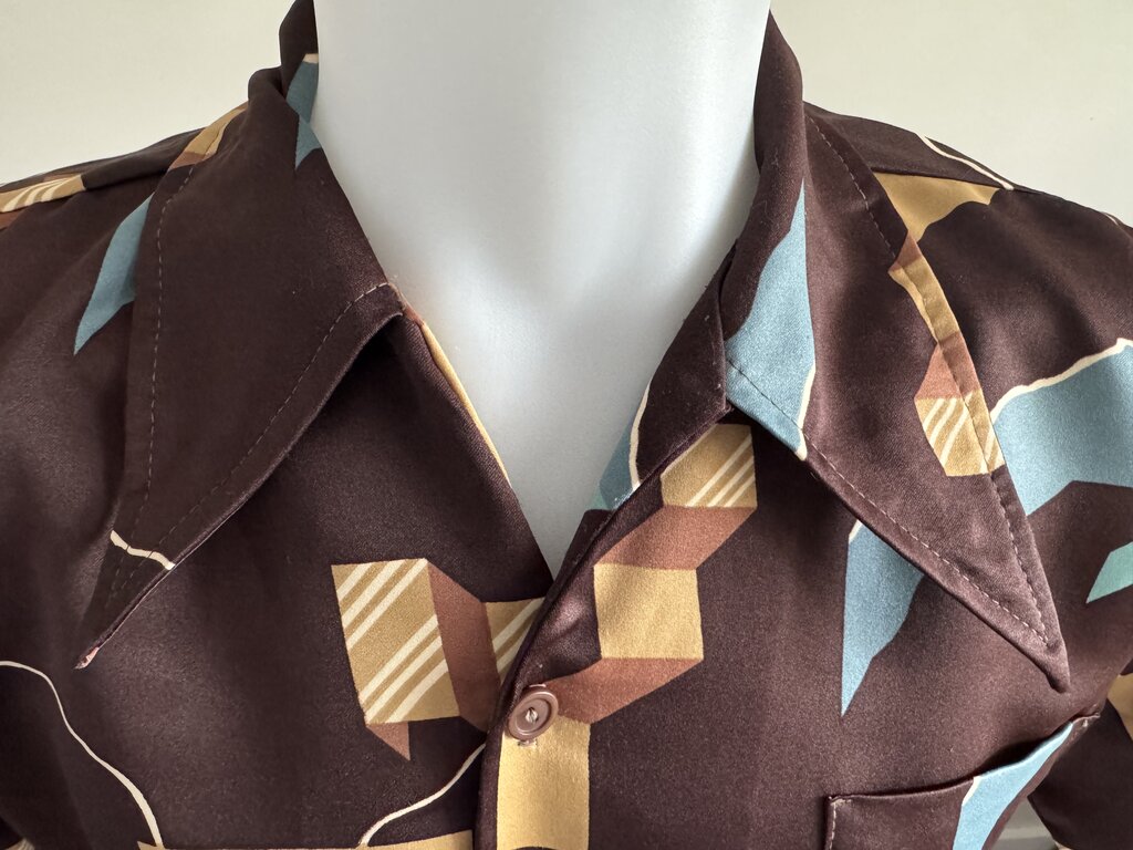 70s Paul Howard Abstract Geometric Hawaiian Shirt – Chocolate Satin with Blue & Gold (M)