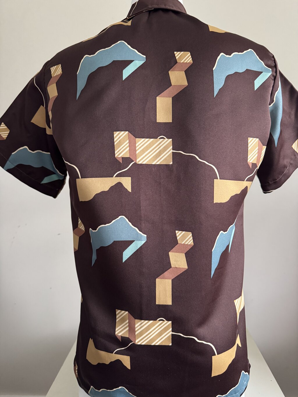 70s Paul Howard Abstract Geometric Hawaiian Shirt – Chocolate Satin with Blue & Gold (M)
