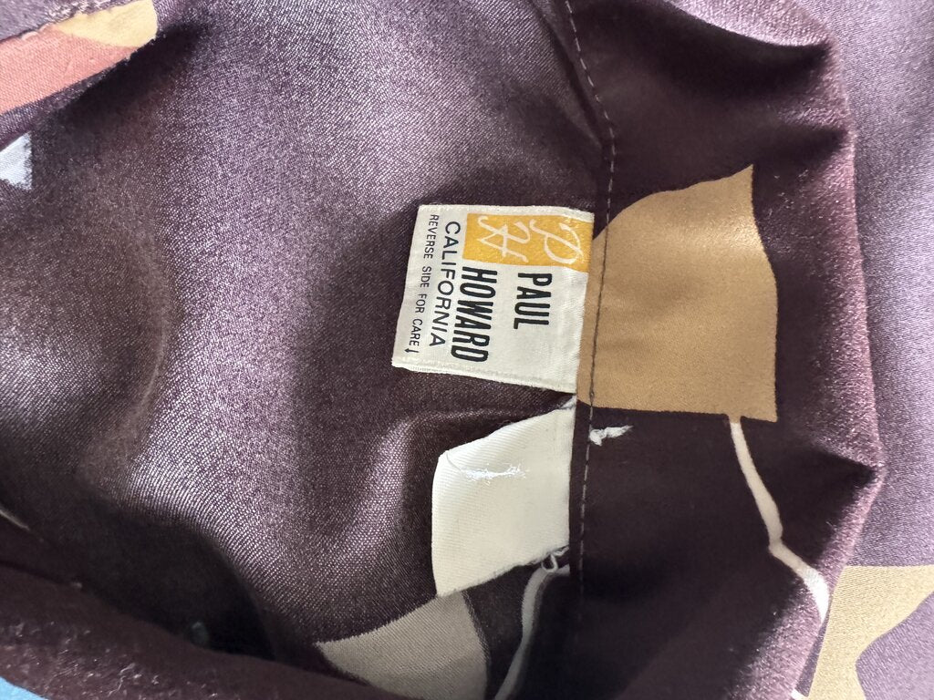 70s Paul Howard Abstract Geometric Hawaiian Shirt – Chocolate Satin with Blue & Gold (M)