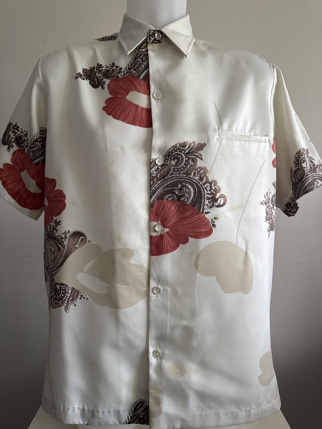 70s Tori Richard Reefscape Shirt – Brown & Teal Poly Cotton (L)