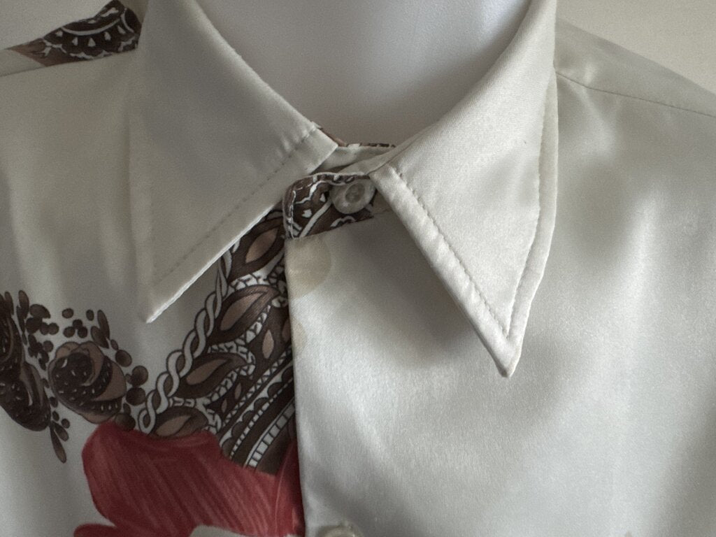 70s Tori Richard Reefscape Shirt – Brown & Teal Poly Cotton (L)