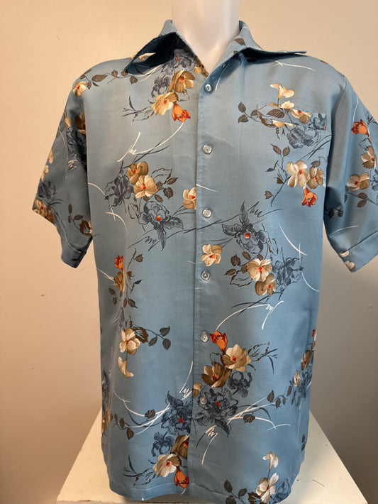 1990s - Vintage Corzini Sky Blue Floral Shirt – Large