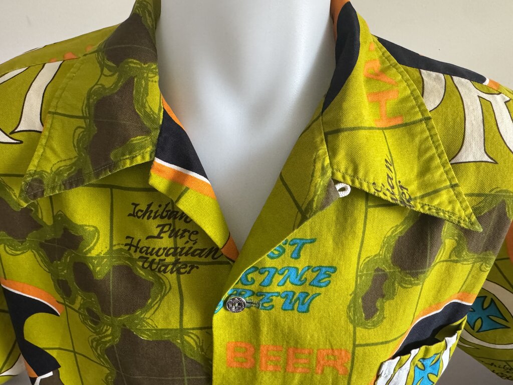 Vintage 1970s Hawaiian Holiday “PRIMO Beer” Barkcloth Shirt – Rare Tiki Bar Collectible