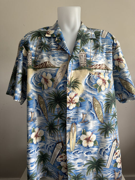 Late 70s Royal Creations Scenic Shirt – Navy Cotton Blend with Canoes & Palm Trees (L)