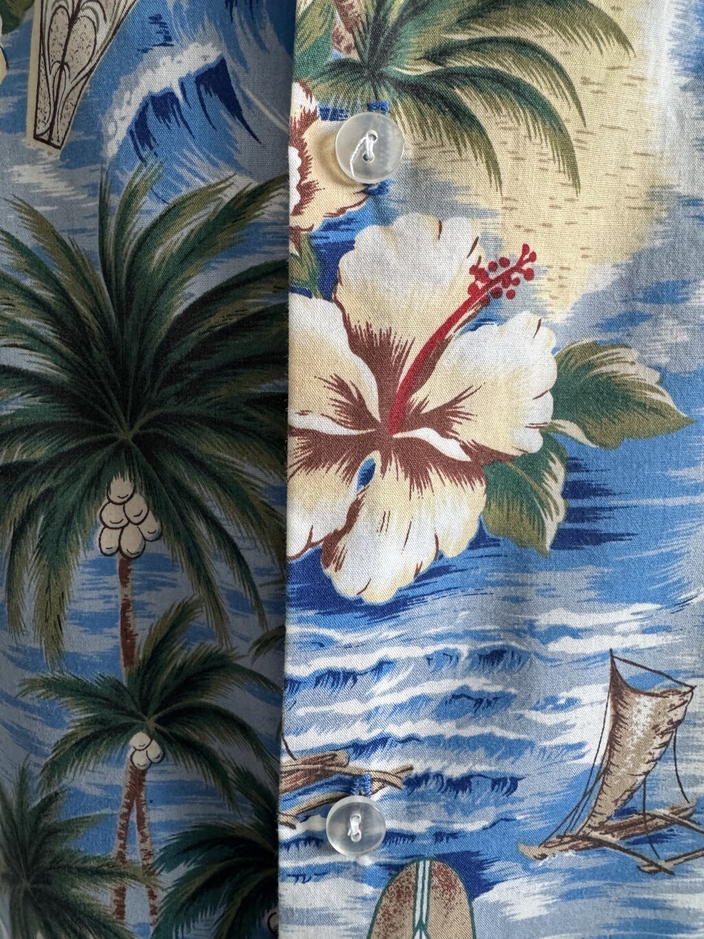 Late 70s Royal Creations Scenic Shirt – Navy Cotton Blend with Canoes & Palm Trees (L)